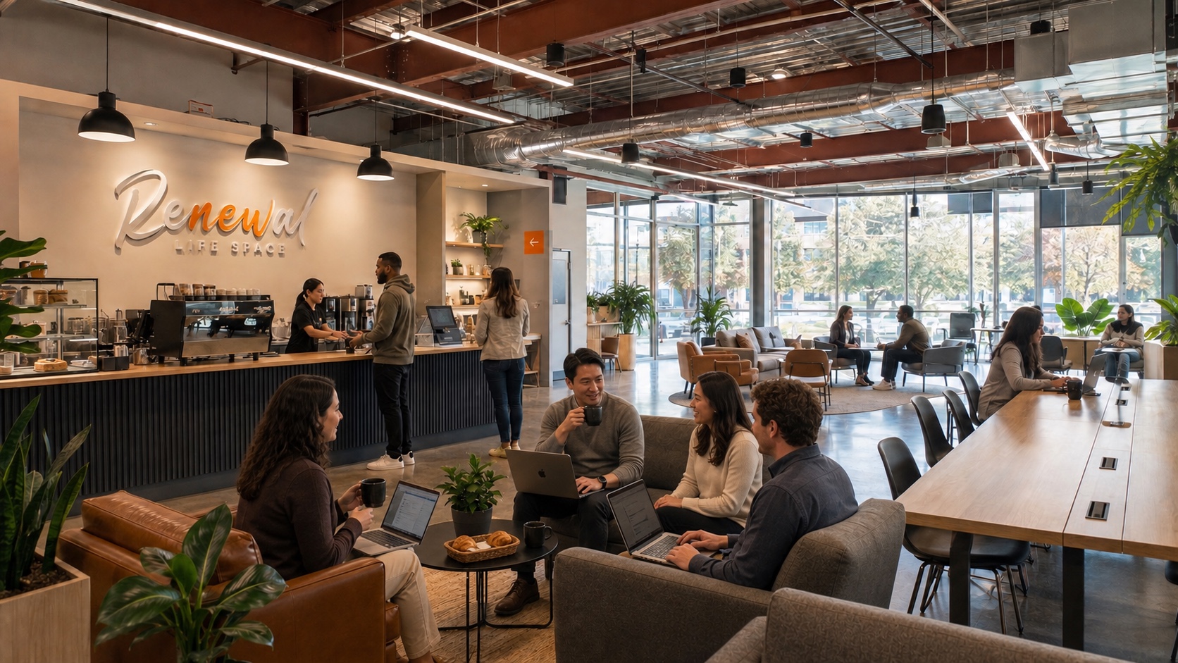 Renewal Life Space café and collaborative workspace with a team working over coffee