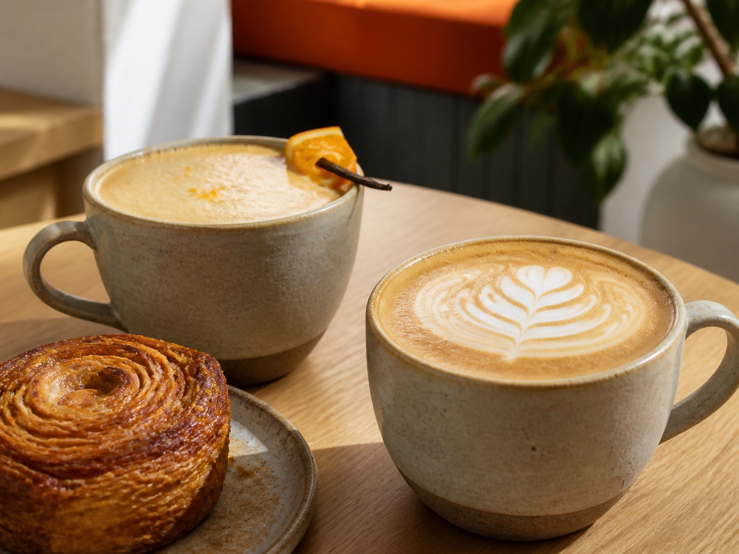Artisanal hot lattes with rosetta art, orange-vanilla garnish, and a laminated pastry