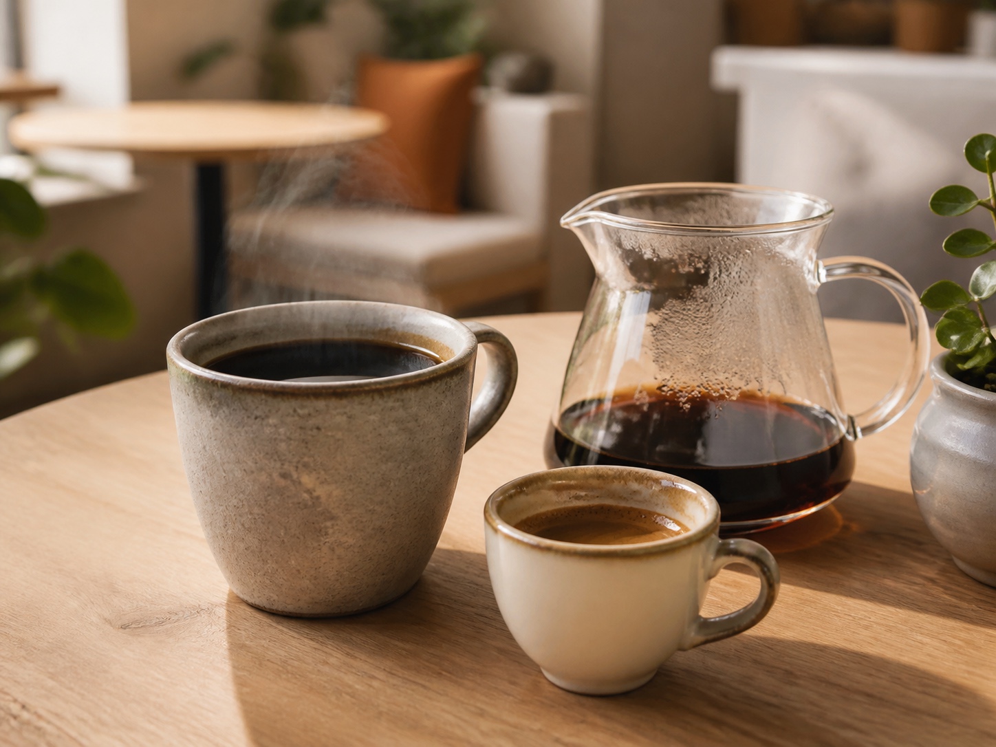 Fresh pour-over coffee, espresso, and a ceramic mug in a warm café