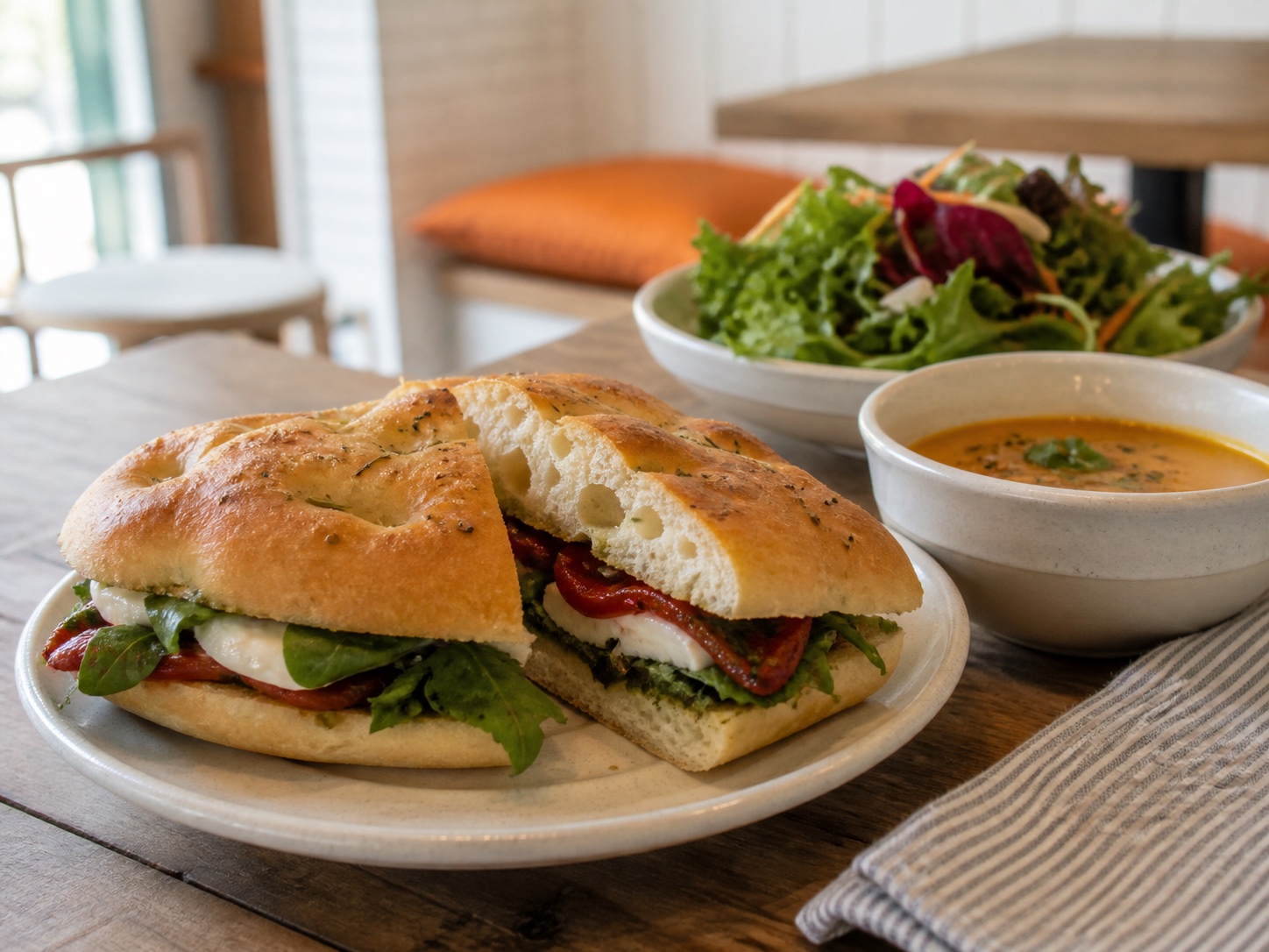 Artisan sandwich, seasonal salad, and soup from a local food partner