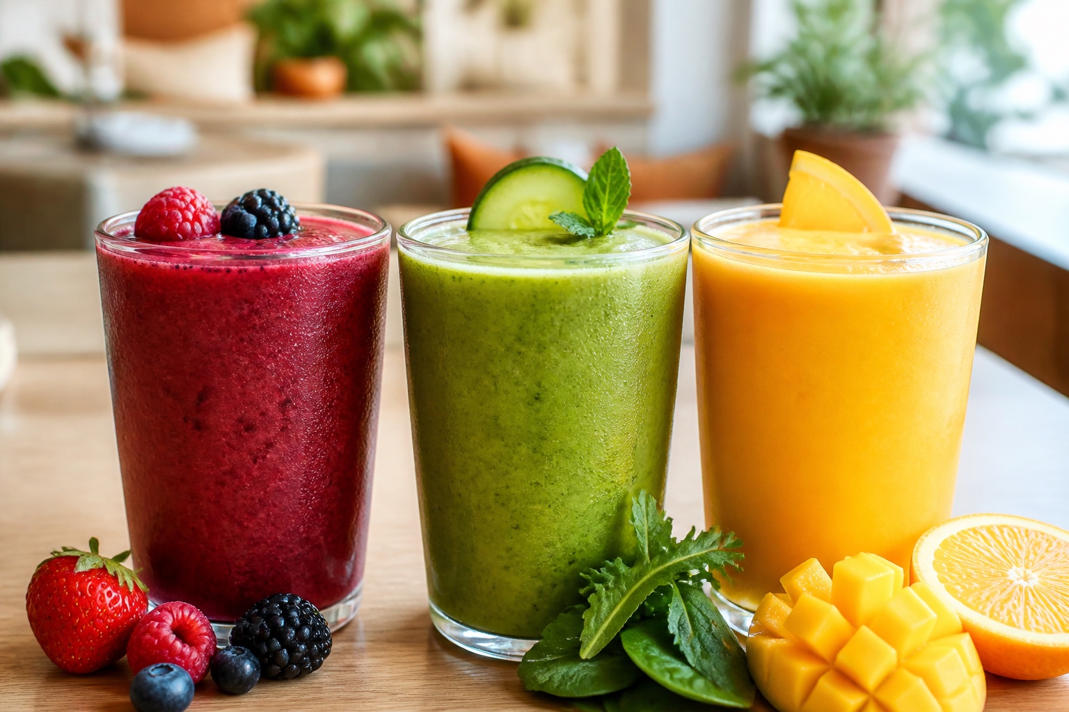 Berry, green, and mango-citrus smoothies in a warm modern café